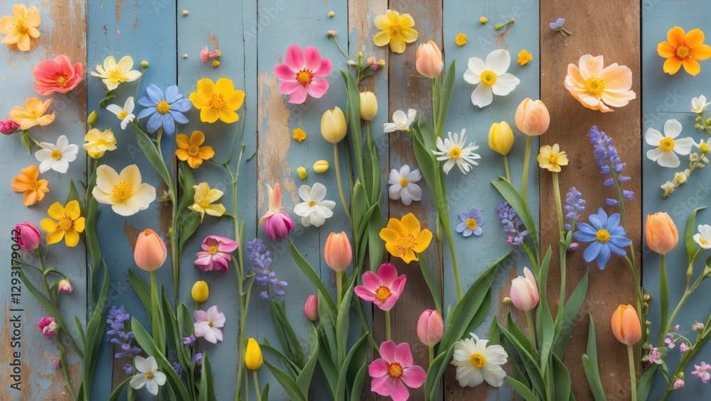 Poster colorful spring flowers displayed vertically on blue wooden background with empty space for text or 