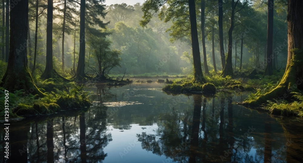 Poster misty primeval forest bog reflected in water surrounded by lush trees and vegetation with copy space