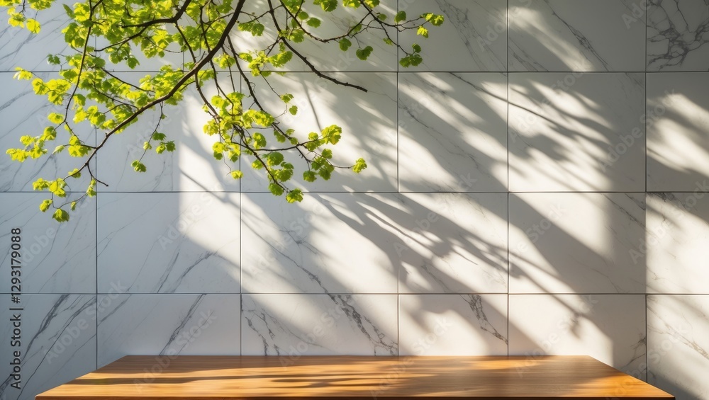 Aufkleber spring sunlight filters through green tree branches casting shadows on a white marble wall with a wo