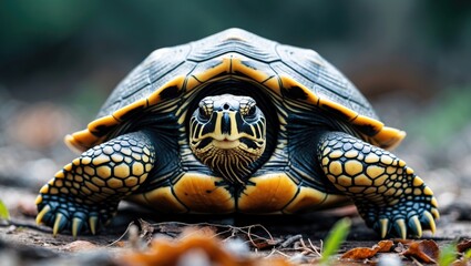 Naklejka premium Close-up of a turtle showcasing its intricate shell patterns with blurred natural background and ample empty space for text overlay.