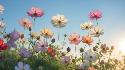 Delicate Cosmos Flowers Bathed in Sunlight Against a Clear Blue Sky with Ample Copy Space for Text or Graphic Elements