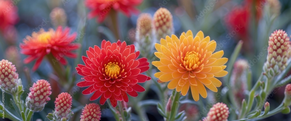 Poster bright red and yellow bractanthea flowers in bloom with soft focus background and space for text or 
