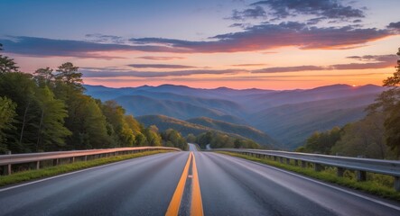 Naklejka premium Scenic Drive along Newfound Gap Road in Smoky Mountains at Sunset with Expansive Sky and Empty Road for Text Overlay