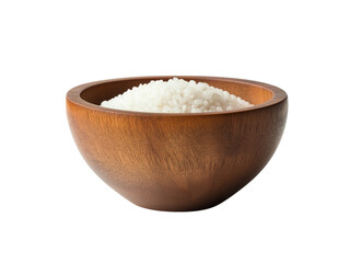 Rice in wooden bowl, isolated on white background, full depth of field