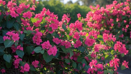 Fototapeta premium Vibrant Bougainvillea Blooms in Summer Sunshine Showcasing Lush Green Foliage and Bright Pink Flowers