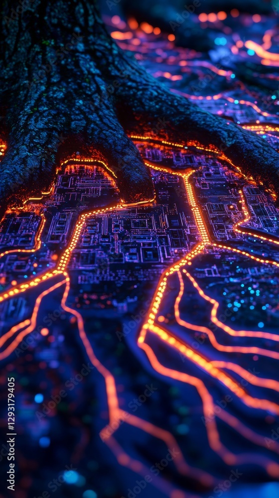 Aufkleber tree roots intertwining with a glowing circuitry at night, blending nature and technology in a futur
