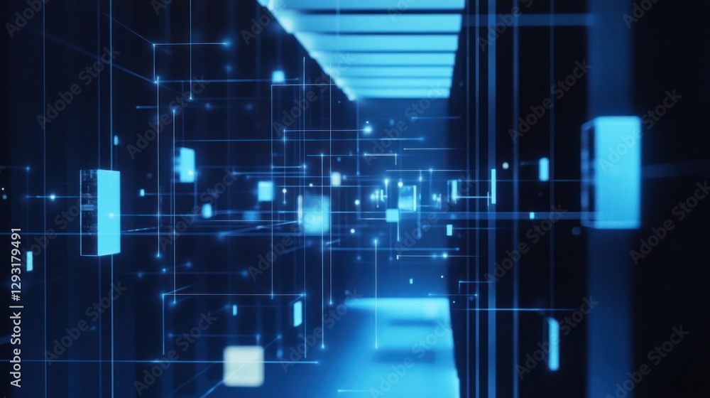 Poster data stream flows through server room; digital future
