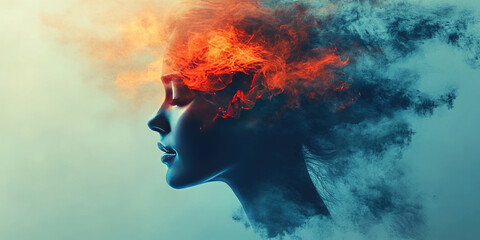 Mental Health Awareness Day. Silhouette of a woman on an abstract emotional background, symbolizing anxiety, bipolar disorder, and psychological well-being. Banner, copy space