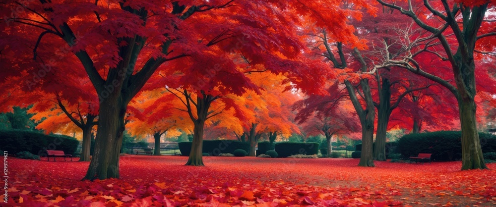 Poster vibrant autumn scene showcasing russet red foliage of maple trees creating a colorful carpet of leav