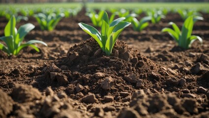 Green sprouts emerging from fertile soil in a vibrant agricultural field during spring season sunlight. Cultivation and growth concept.