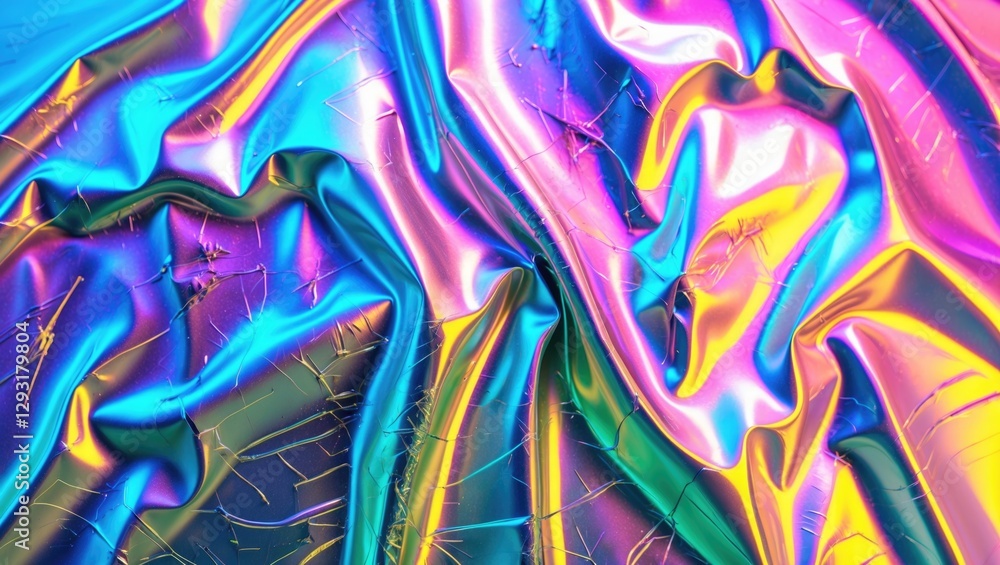 Poster holographic foil texture in vibrant blue pink and green with scratches creating a unique abstract ba