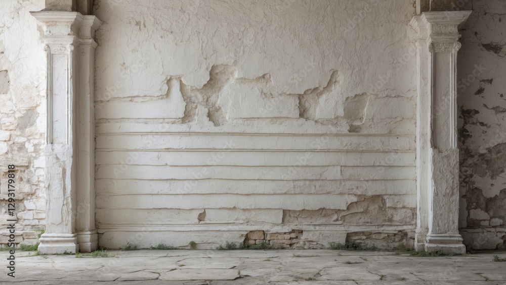 Aufkleber textured old white wall with decorative columns in abandoned space ideal for background use