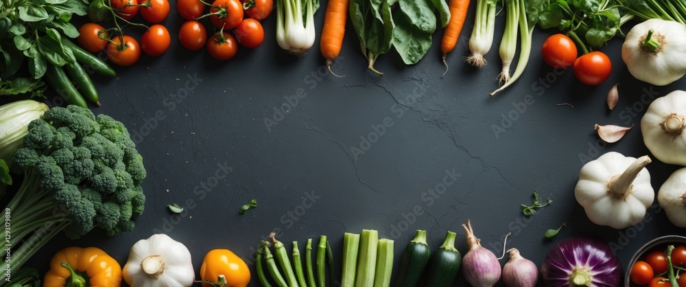 Poster fresh vegetables arrangement with empty space for text on dark background
