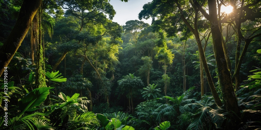 Poster lush tropical rainforest with dense foliage and sunlight filtering through trees creating a serene a