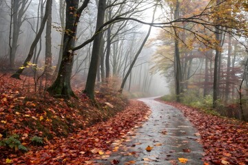 Fototapeta premium Misty Fall Forest Walk – Serene Rainy Pathway Covered in Golden Leaves