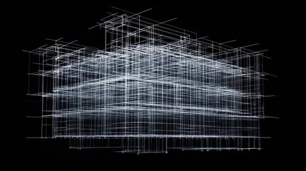 Wireframe house model, architectural design, dark background, construction planning