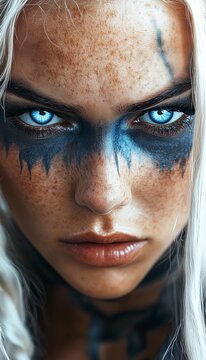 Viking woman shield maiden glowing blue eyes warrior woman blue paint blond hair dirty freckles 