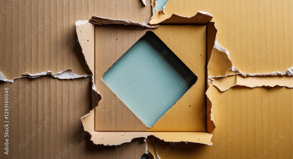 Aufkleber square hole in colorful cardboard with torn edges creating a space for advertising text or graphics,