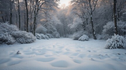 Naklejka premium Winter Wonderland in a Snow-Covered Forest with Tranquil White Landscape and Frosty Trees Glimmering in Soft Morning Light