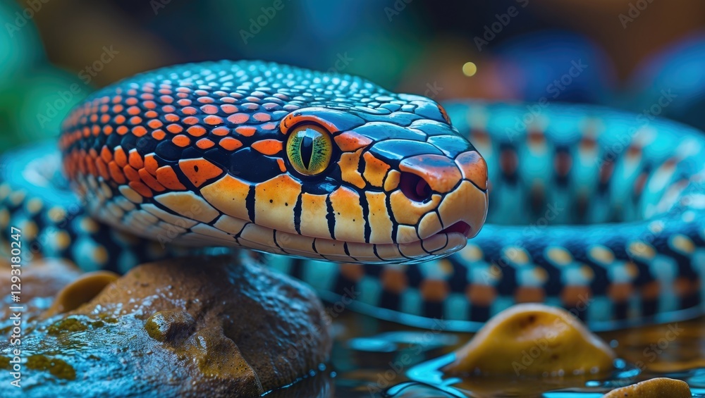 Poster the colorful checkered keelback snake in a natural habitat with vibrant patterns and text space for 