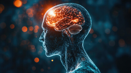 World Stroke Day. Illustration of a woman holding her head in pain, with a glowing brain highlighting stroke symptoms. Medical awareness concept. Banner, copy space