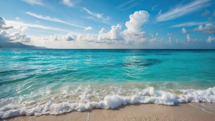 Tranquil turquoise ocean waters with gentle waves and a serene sky ideal for vacation and tourism themed imagery.