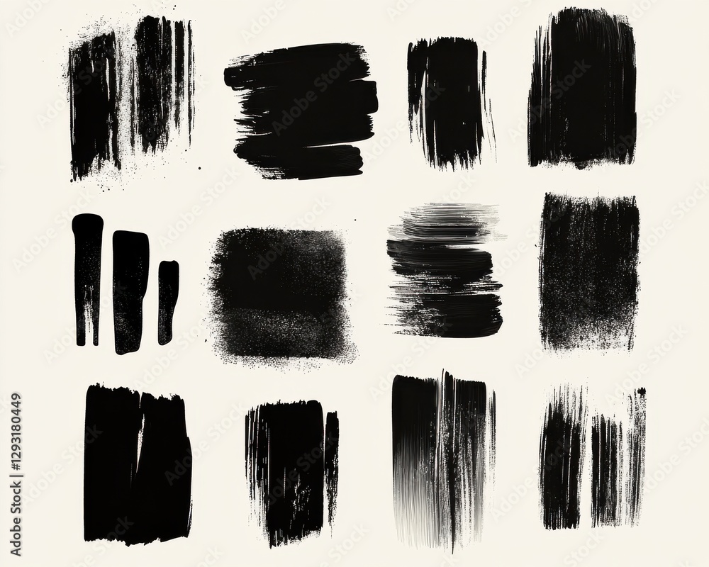 Poster abstract arrangement of black brush strokes on a light background, showcasing various textures and p