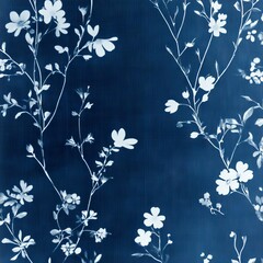Obraz premium An abstract, handmade print design with a seamless pattern of cyanotype-style floral silhouettes. This stock illustration highlights beautiful flowers