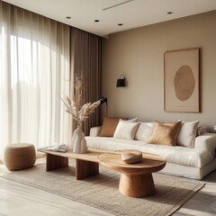 A modern modern living room with neutral tones and a sofa