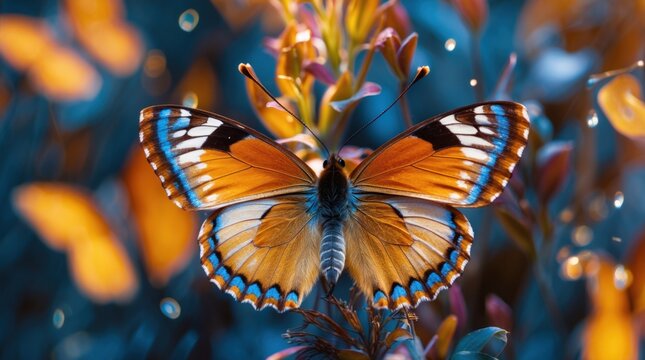 Vibrant Troides Rhadamantus Butterfly Spreading Its Wings in a Colorful Garden Close-Up Macro Photography