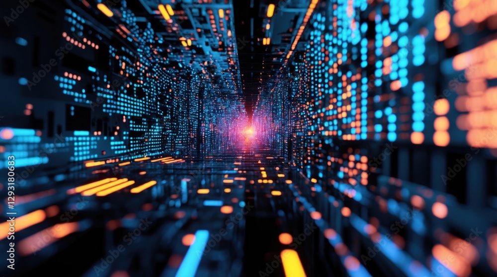 Poster futuristic abstract digital tunnel with glitch effects and vivid blue and orange pixels representing