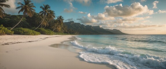 Obraz premium Serene Tropical Beach at Sunset with Lush Palm Trees and Gentle Waves on Pristine Sand
