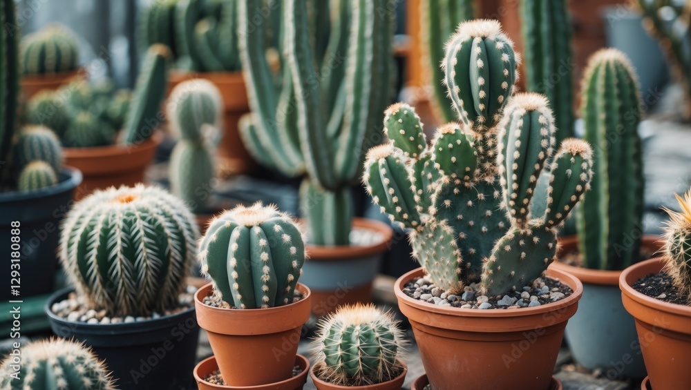 Poster cacti in decorative pots showcasing various species arranged in a vibrant garden setting with space 