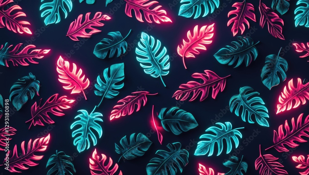 Poster neon illuminated tropical leaves pattern on dark background creating a vibrant and modern decorative
