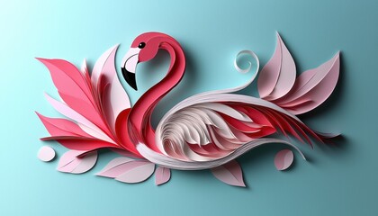 Obraz premium Elegant flamingo papercut art displaying graceful beauty in a soft pink environment