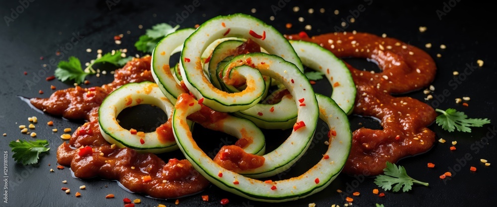 Poster sliced spiral vegetables with spicy sauce on dark background garnished with herbs and empty space fo
