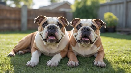 Fototapeta premium Happy Bulldogs Relaxing on Green Grass in a Backyard with Space for Text or Branding Element