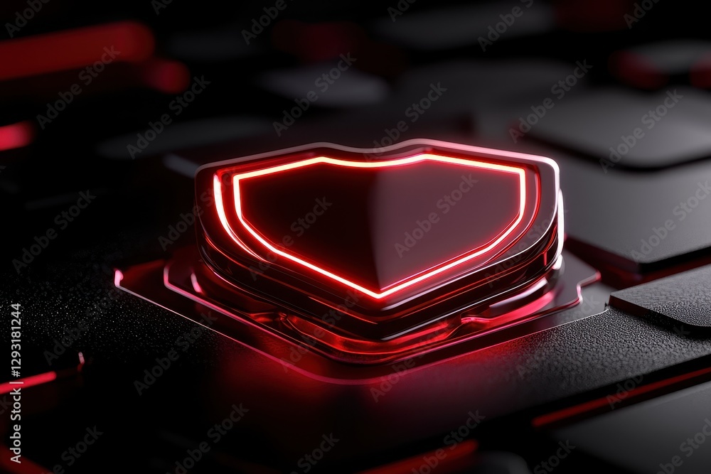 Poster close-up of a glowing shield symbol on a keyboard, symbolizing digital security.