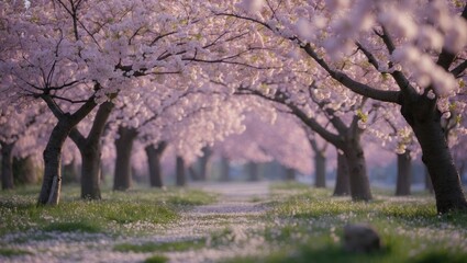 Obraz premium Blossoming Cherry Tree Avenue in Spring Capturing Vibrant Pink Petals and Lush Greenery for a Serene Natural Landscape Scene