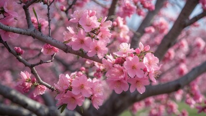Obraz premium Blooming Cherry Blossom Tree with Vibrant Pink Flowers in Springtime Nature Setting