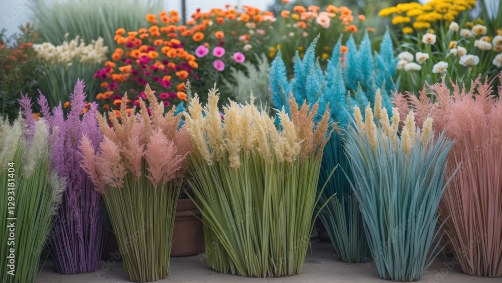 Poster colorful decorative grass flowers in pots creating a vibrant display with blank space for custom tex