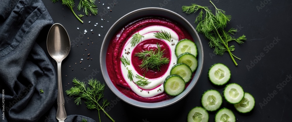 Poster Beet Cream Soup with Yogurt and Cucumbers in Bowl Surrounded by Fresh Dill and Spoon on Dark Background Top View Design Space for Text