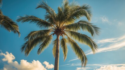 Majestic palm tree swaying gently under a clear blue sky, casting playful shadows on the sunlit ground, evoking tropical tranquility.