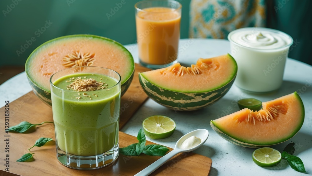 Poster fresh melon smoothies and slices on table with yogurt healthy eating concept and empty copy space fo