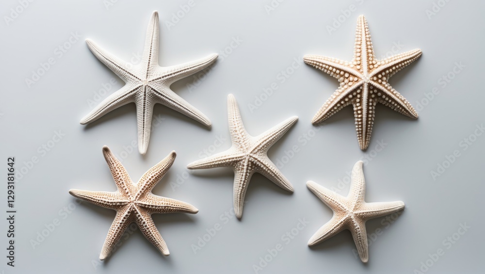 Poster different types of white starfish arranged on a white background with subtle shadows and space for c