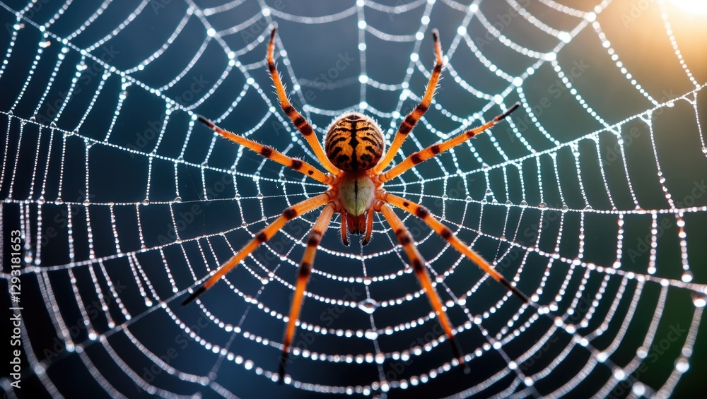 Poster close-up of a vibrant spider with an intricate web adorned with glistening dew drops glinting in sof