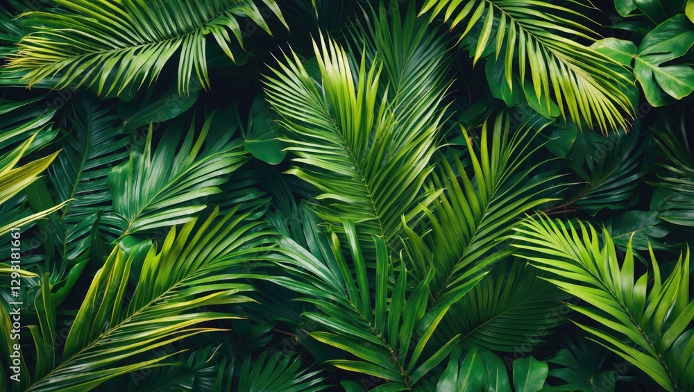 Poster lush tropical greenery with varied palm leaves creating a vibrant nature pattern for background use