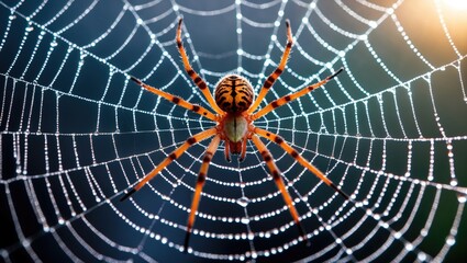 Fototapeta premium Close-up of a vibrant spider with an intricate web adorned with glistening dew drops glinting in soft morning light