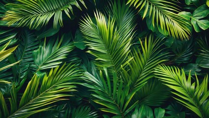 Fototapeta premium Lush Tropical Greenery with Varied Palm Leaves Creating a Vibrant Nature Pattern for Background Use