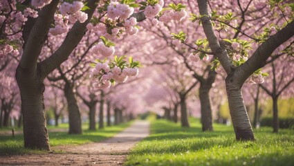 Fototapeta premium Cherry Blossom Pathway in Springtime with Vibrant Pink Blooms and Lush Green Grass Featuring Ample Space for Text Overlay